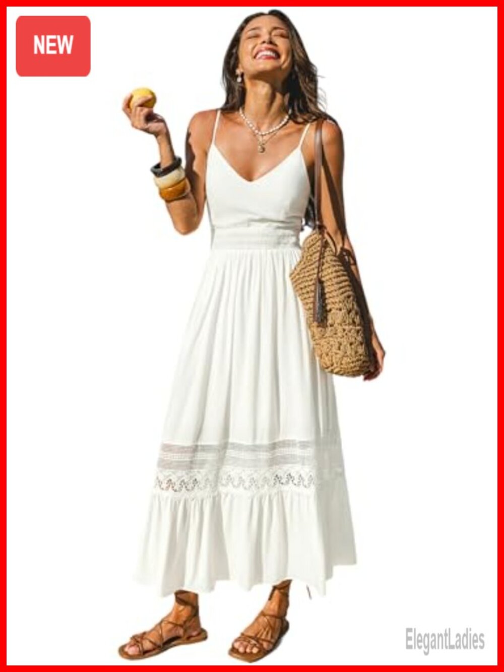 CUPSHE Maxi Summer Dress V Neck Lace Smocked Wedding Guest